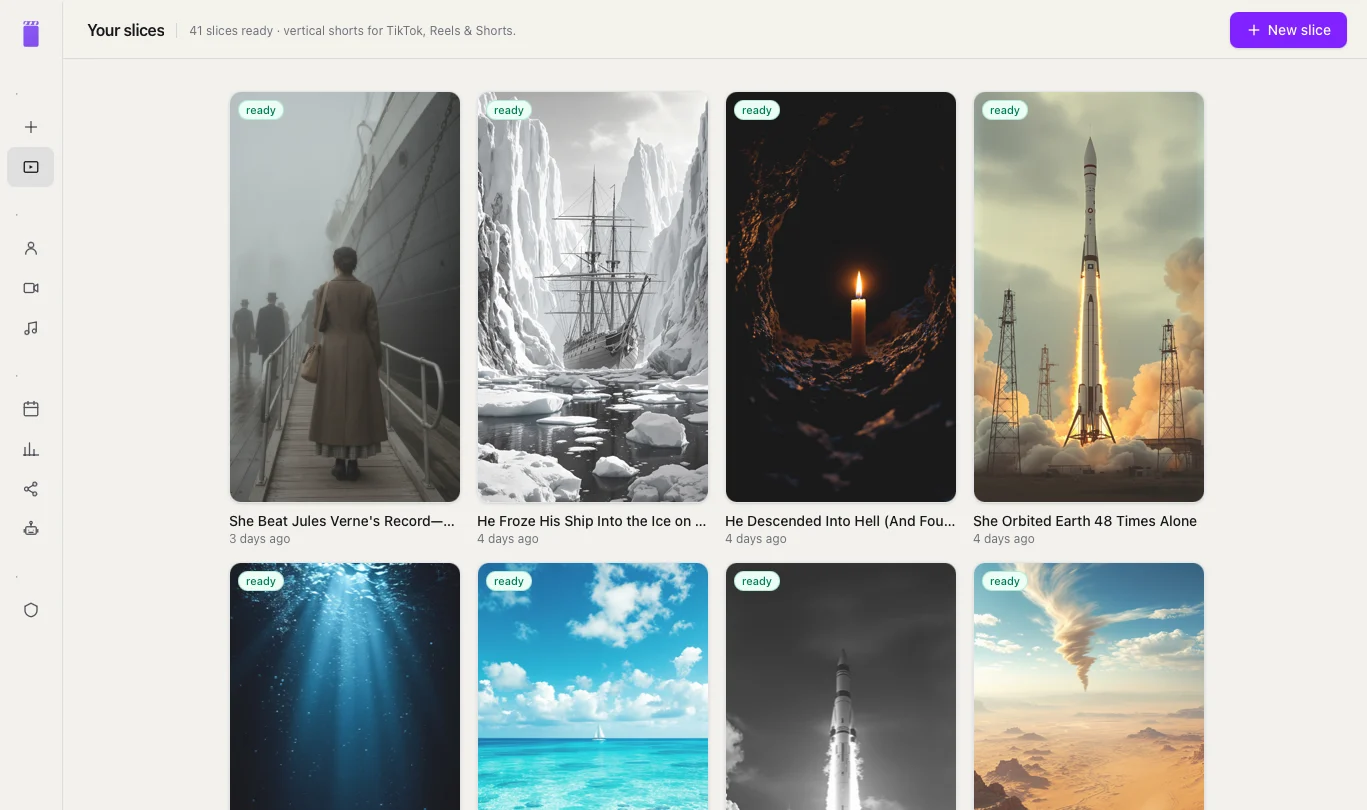 The Slice dashboard: a grid of finished vertical shorts, each marked ready